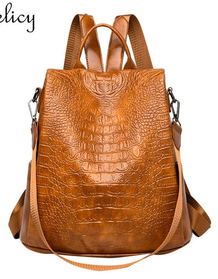 Women's Backpacks Phone Pocket High Quality Lady Crocodile Pattern
