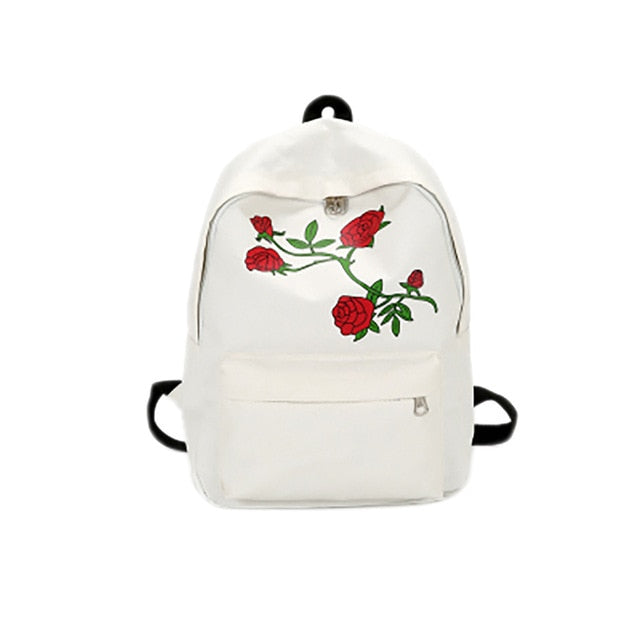 Women Girls Embroidery Rose School Bag Travel Backpack