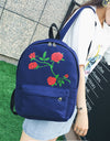 Women Girls Embroidery Rose School Bag Travel Backpack